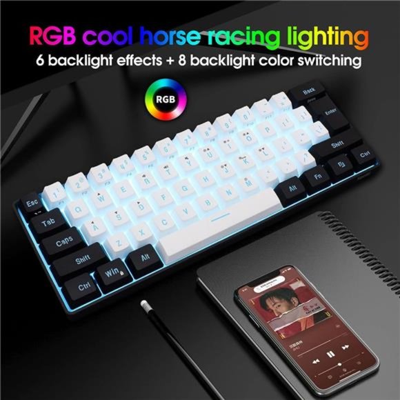 60% Wired Gaming Keyboard, RGB Backlit Ultra-Compact Mini Keyboard, Waterproof - Picture 4 of 6